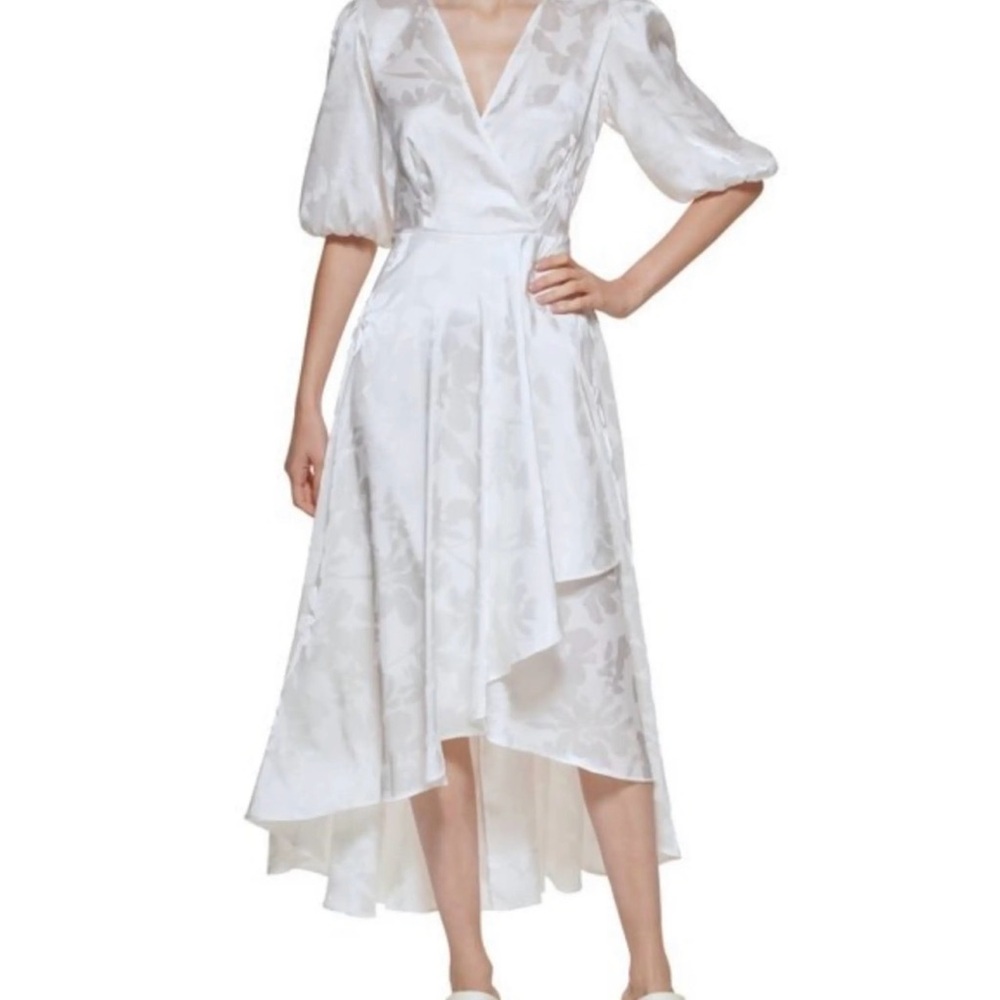 Calvin Klein White Puff-Sleeve High-Low Wrap Dress NWOT